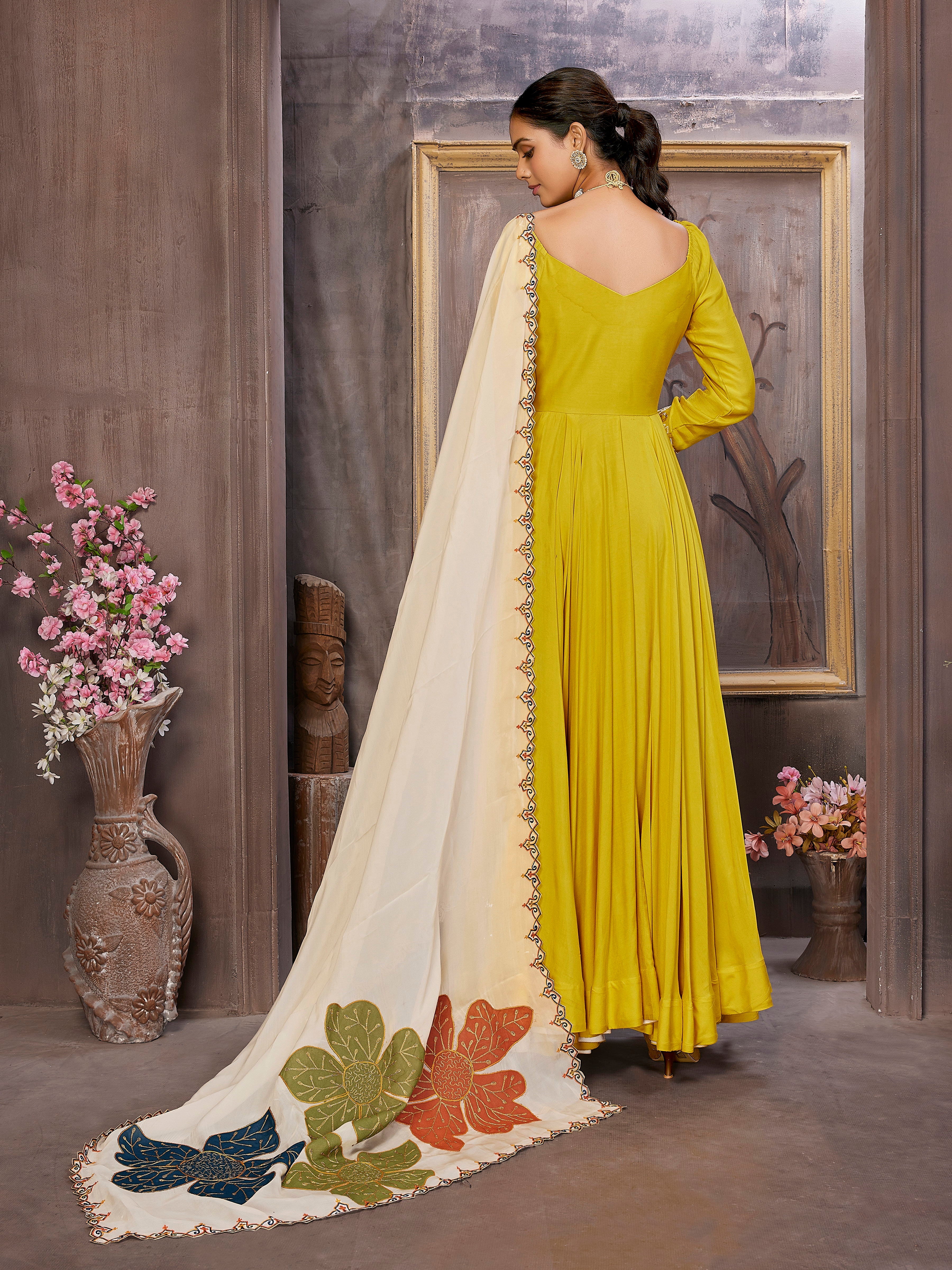 Yellow Anarkali Dress with Phool Ghera Organza Dupatta