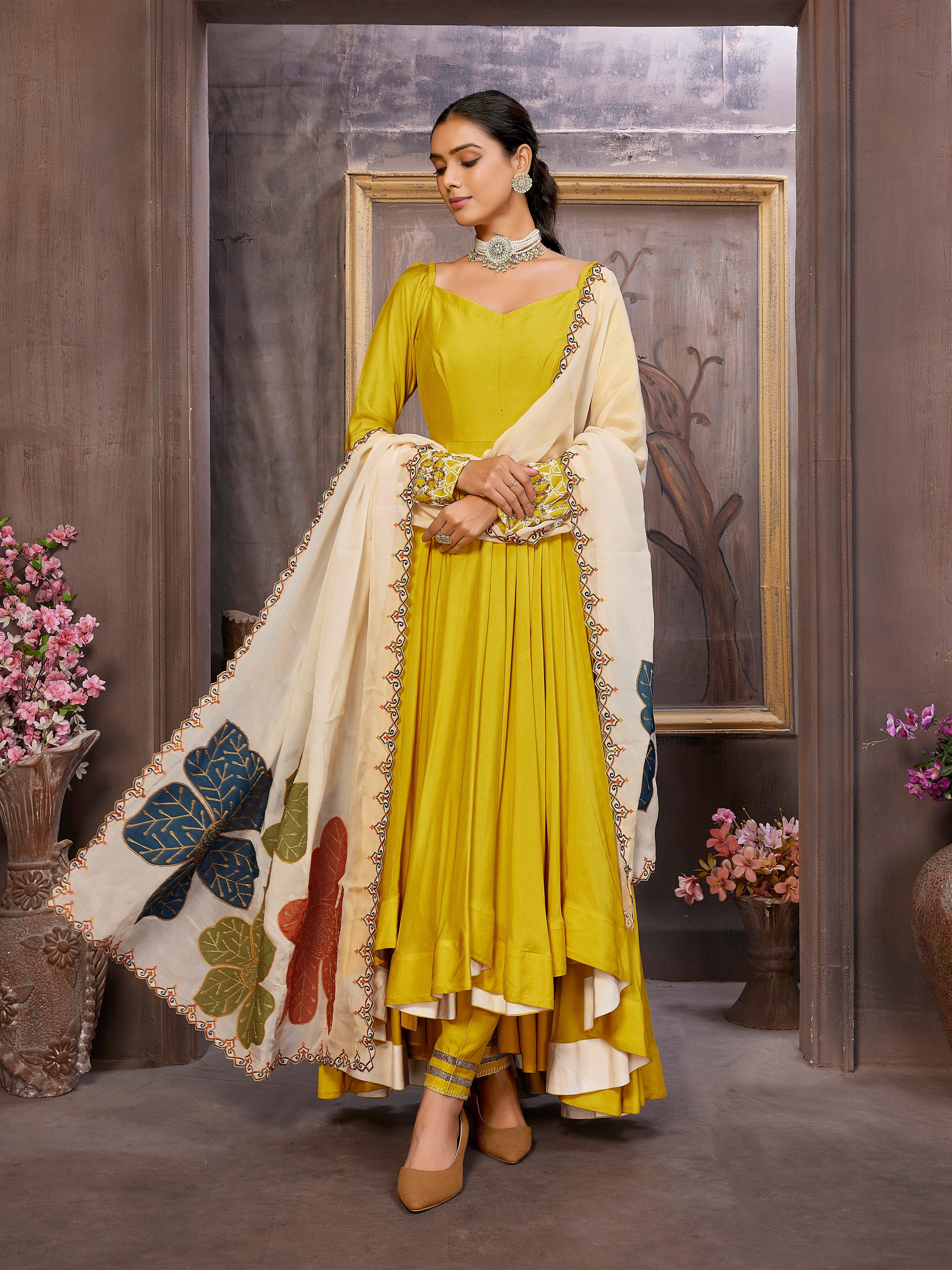 Yellow Anarkali Dress with Phool Ghera Organza Dupatta