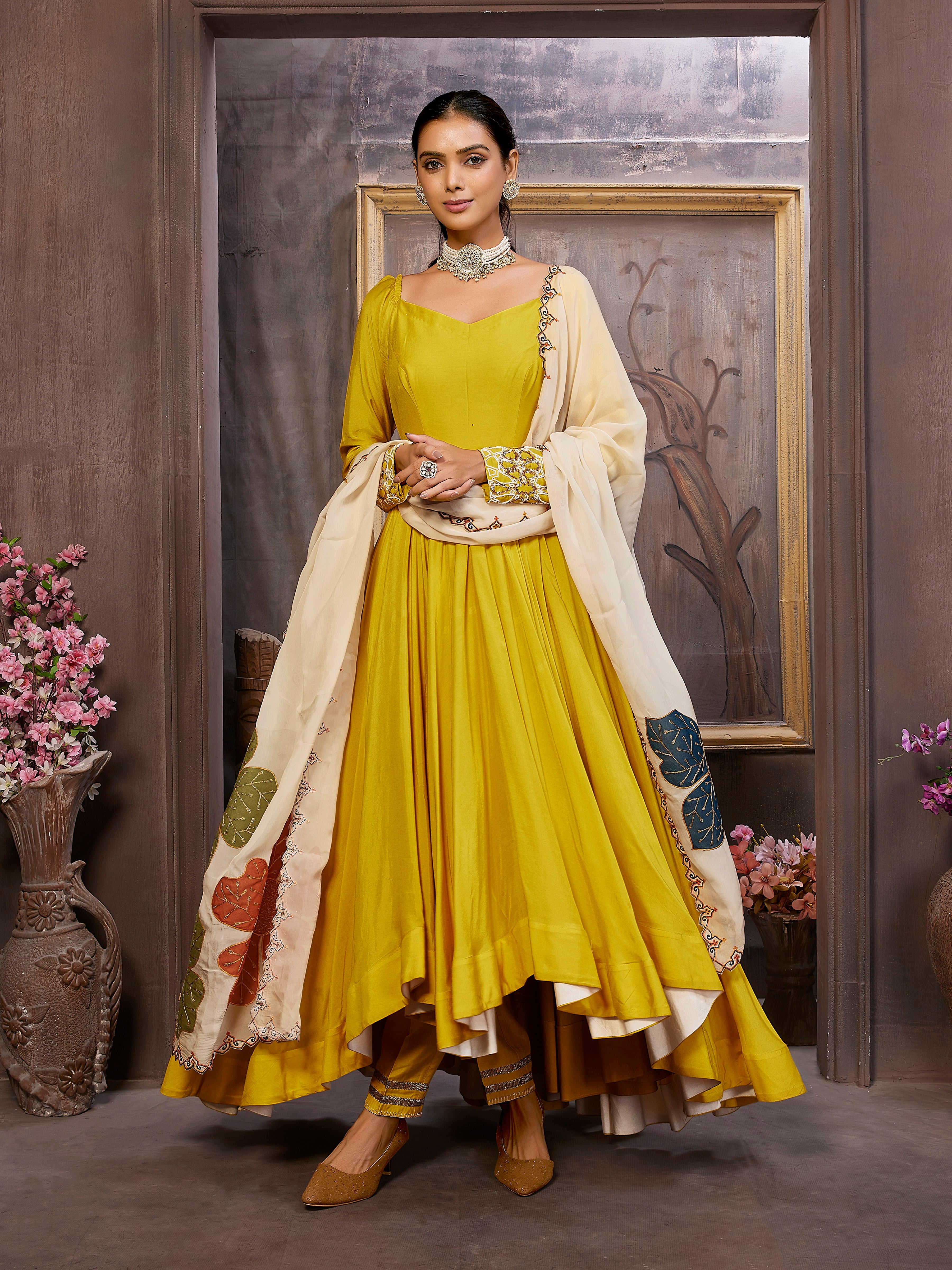 Yellow Anarkali Dress with Phool Ghera Organza Dupatta