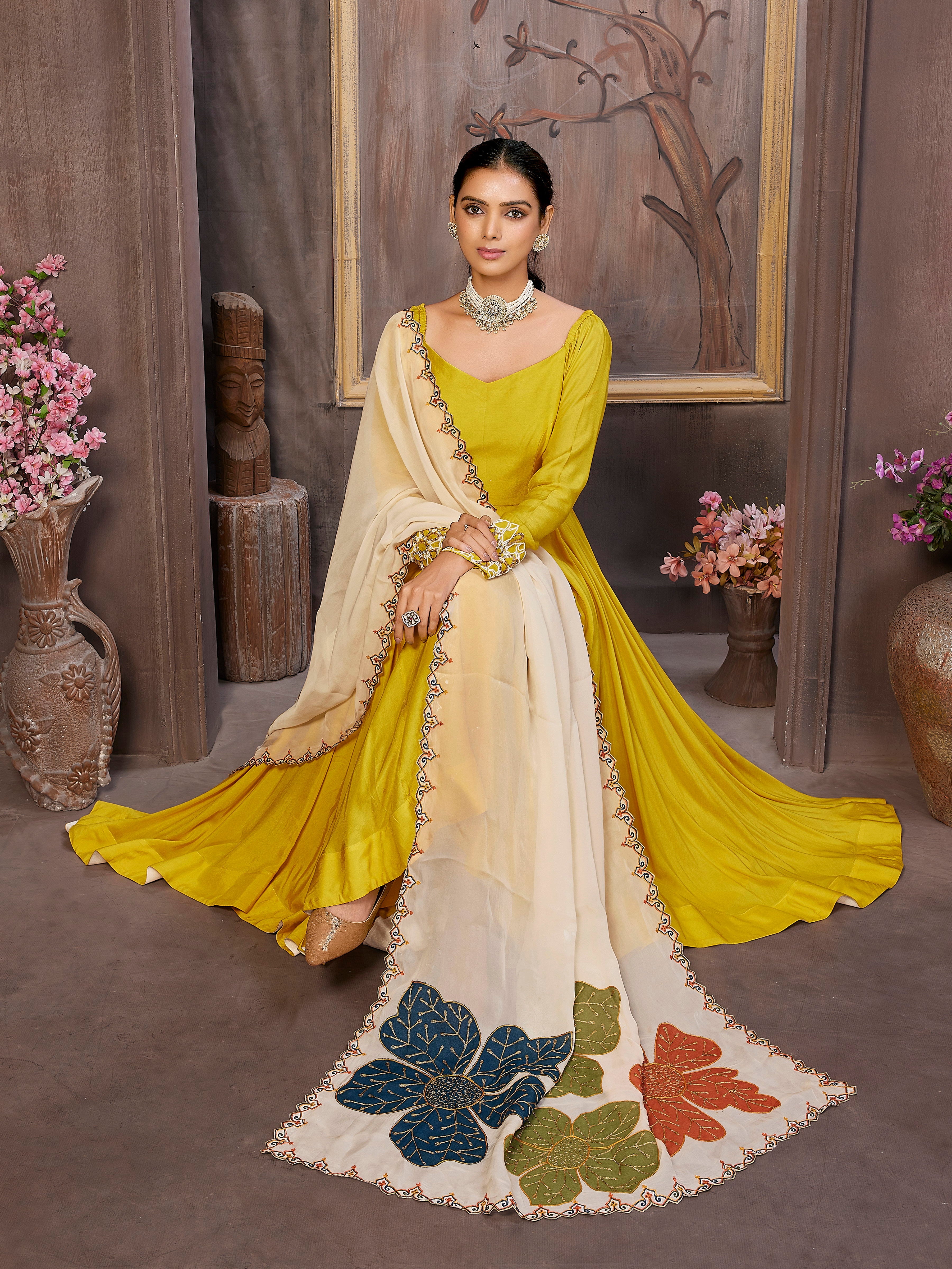 Yellow Anarkali Dress with Phool Ghera Organza Dupatta