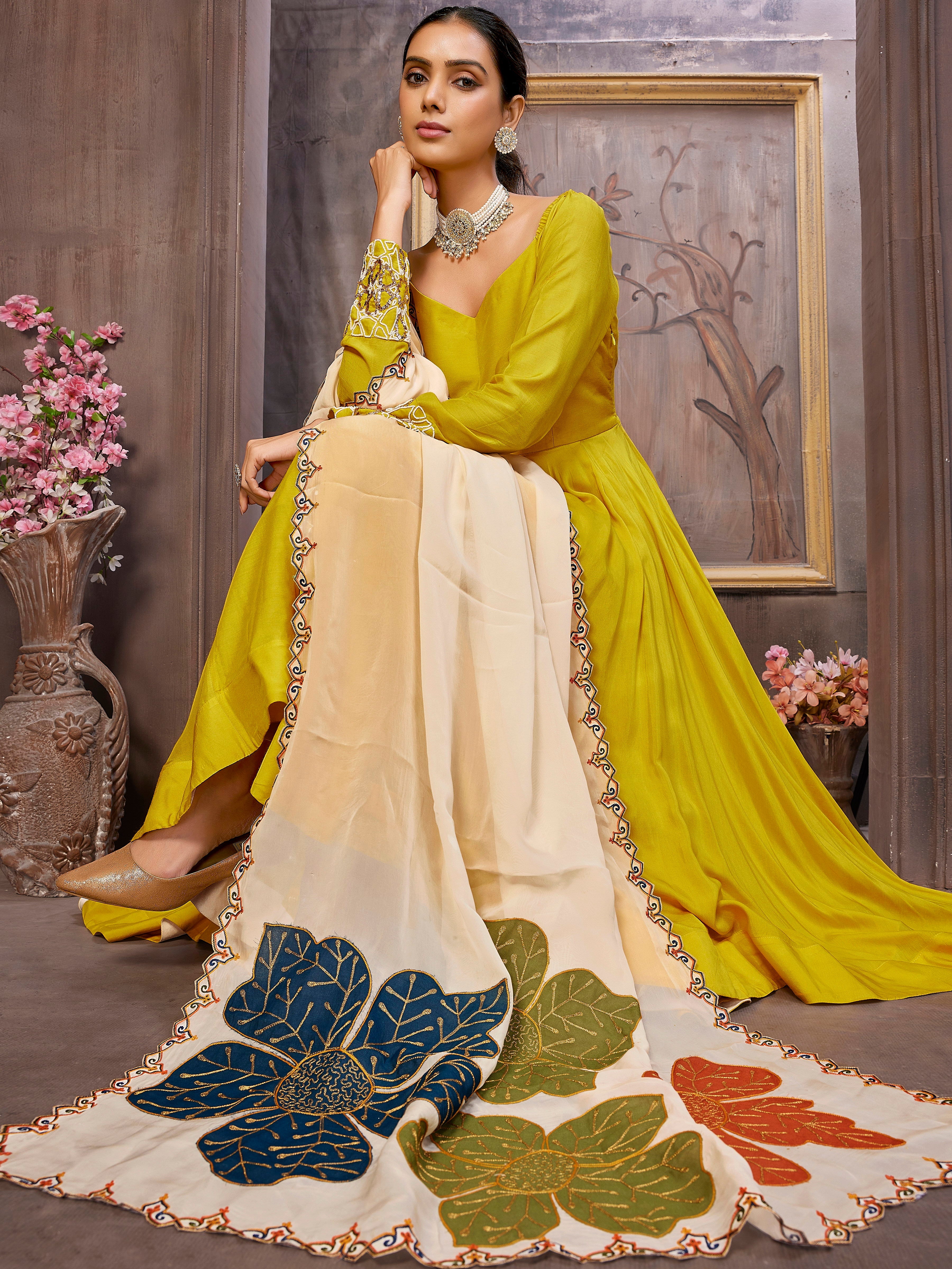 Yellow Anarkali Dress with Phool Ghera Organza Dupatta
