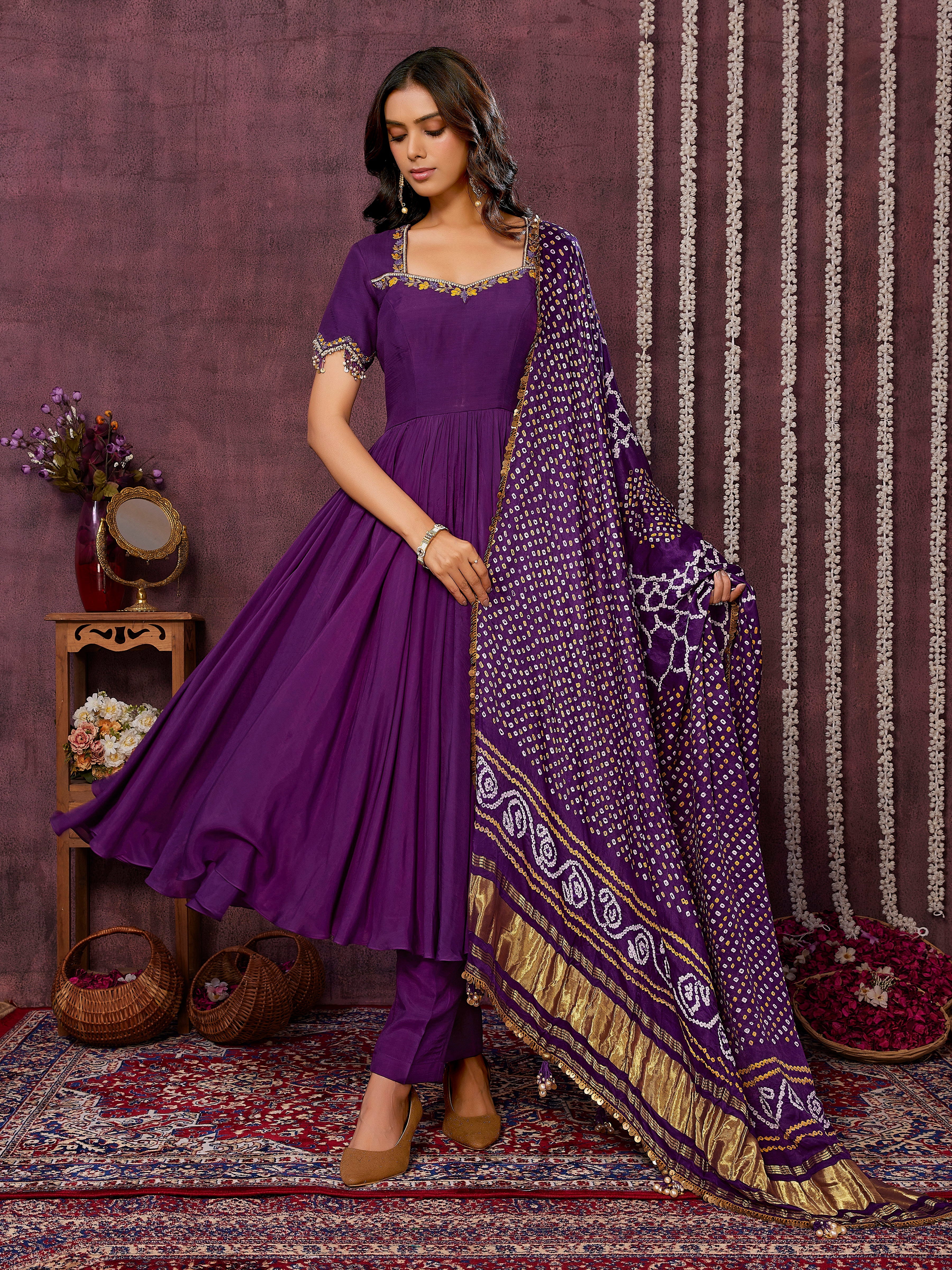 Purple Anarkali Set with Bandni Dupatta