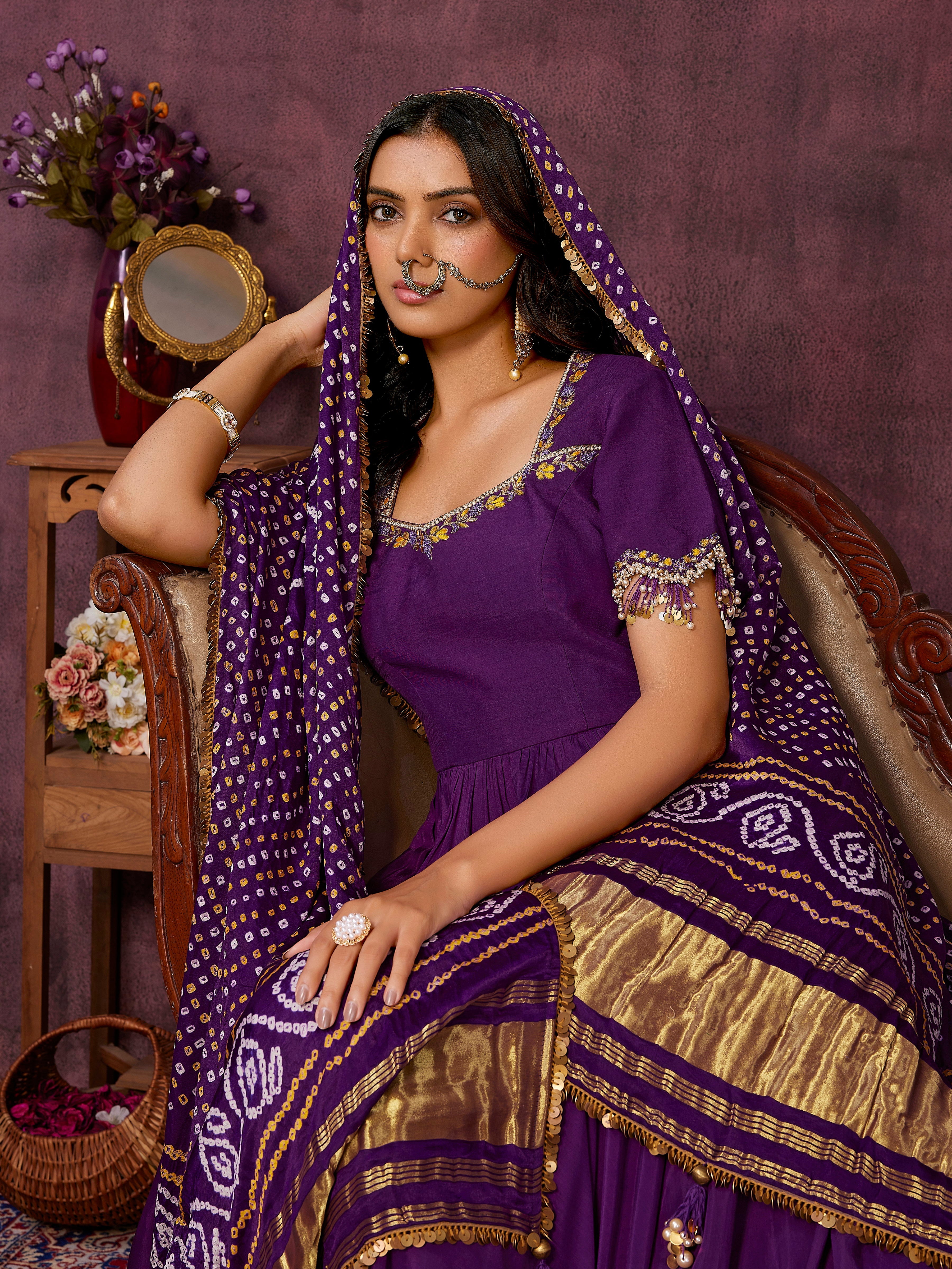 Purple Anarkali Set with Bandni Dupatta