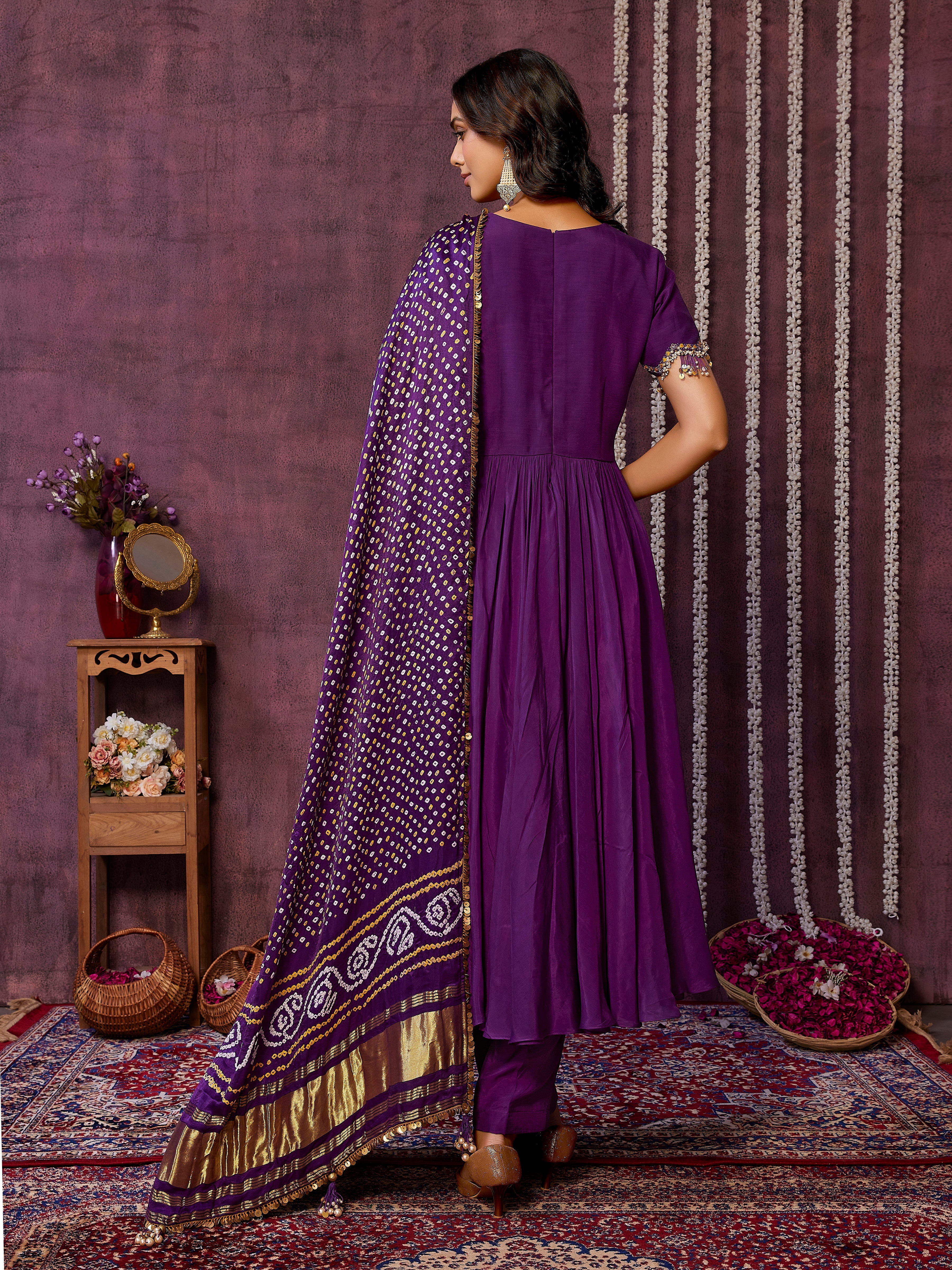 Purple Anarkali Set with Bandni Dupatta