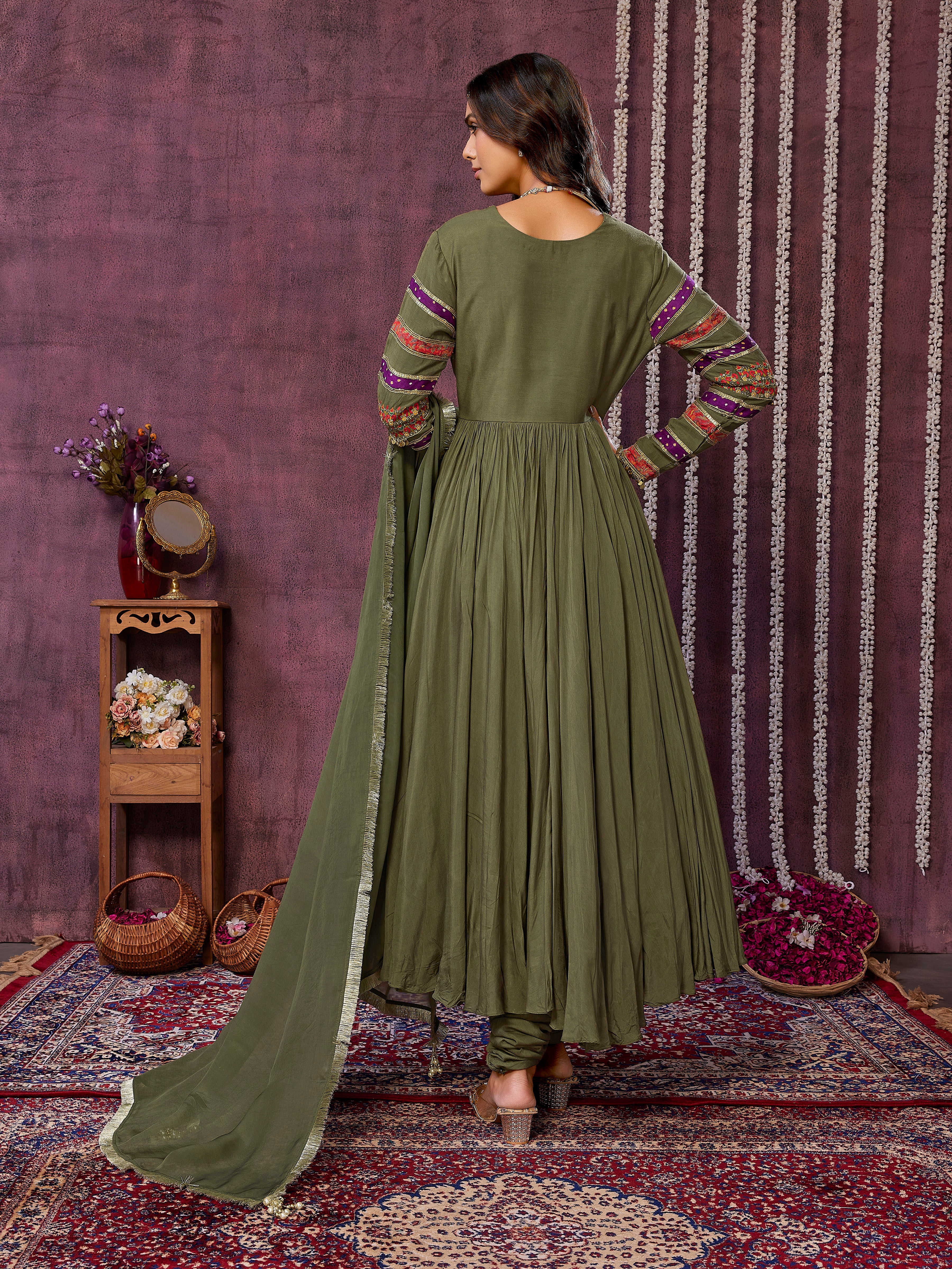 Olive Green Muslin Silk Flowy Dress with Trouser & Dupatta