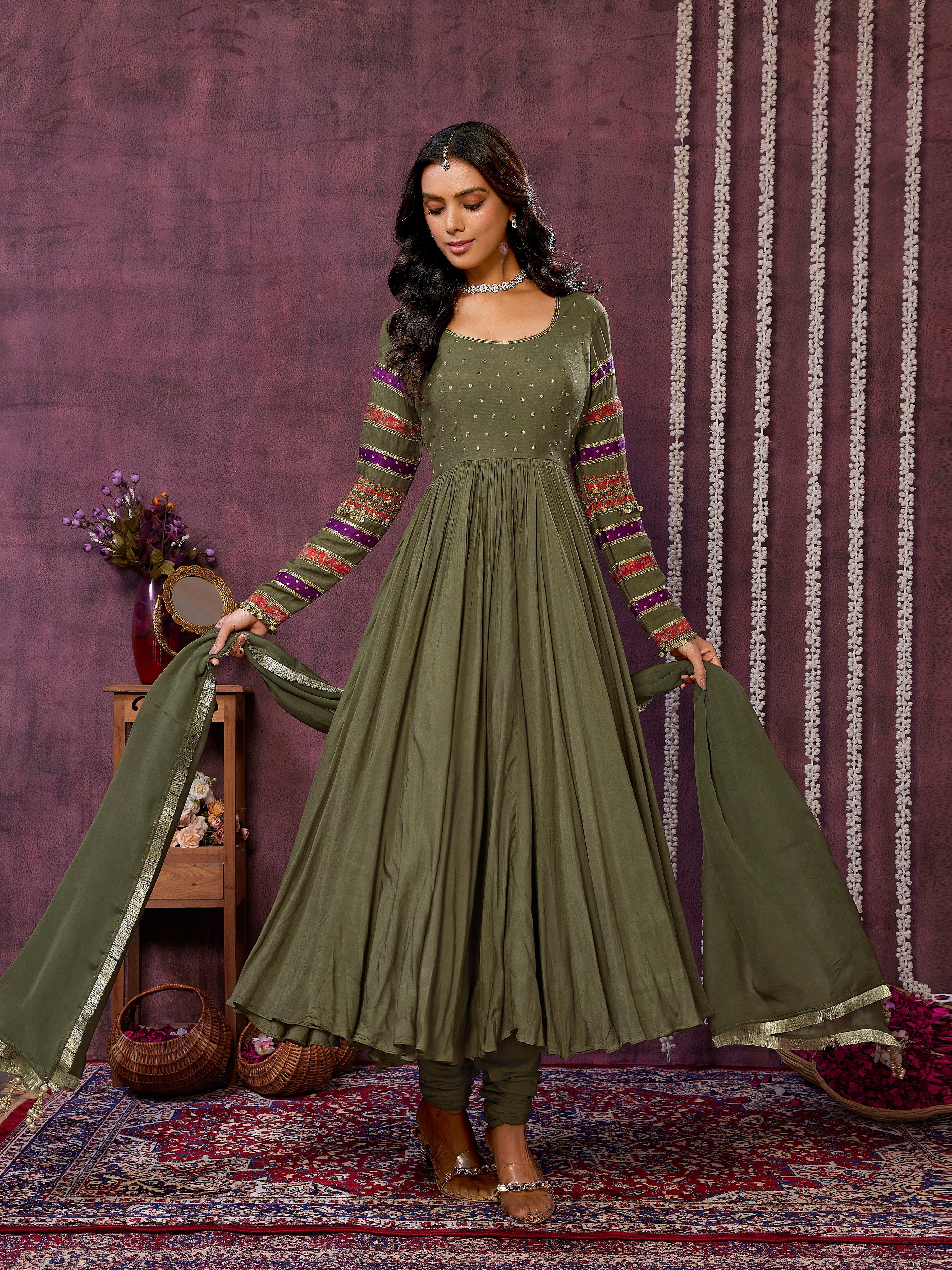 Olive Green Muslin Silk Flowy Dress with Trouser & Dupatta