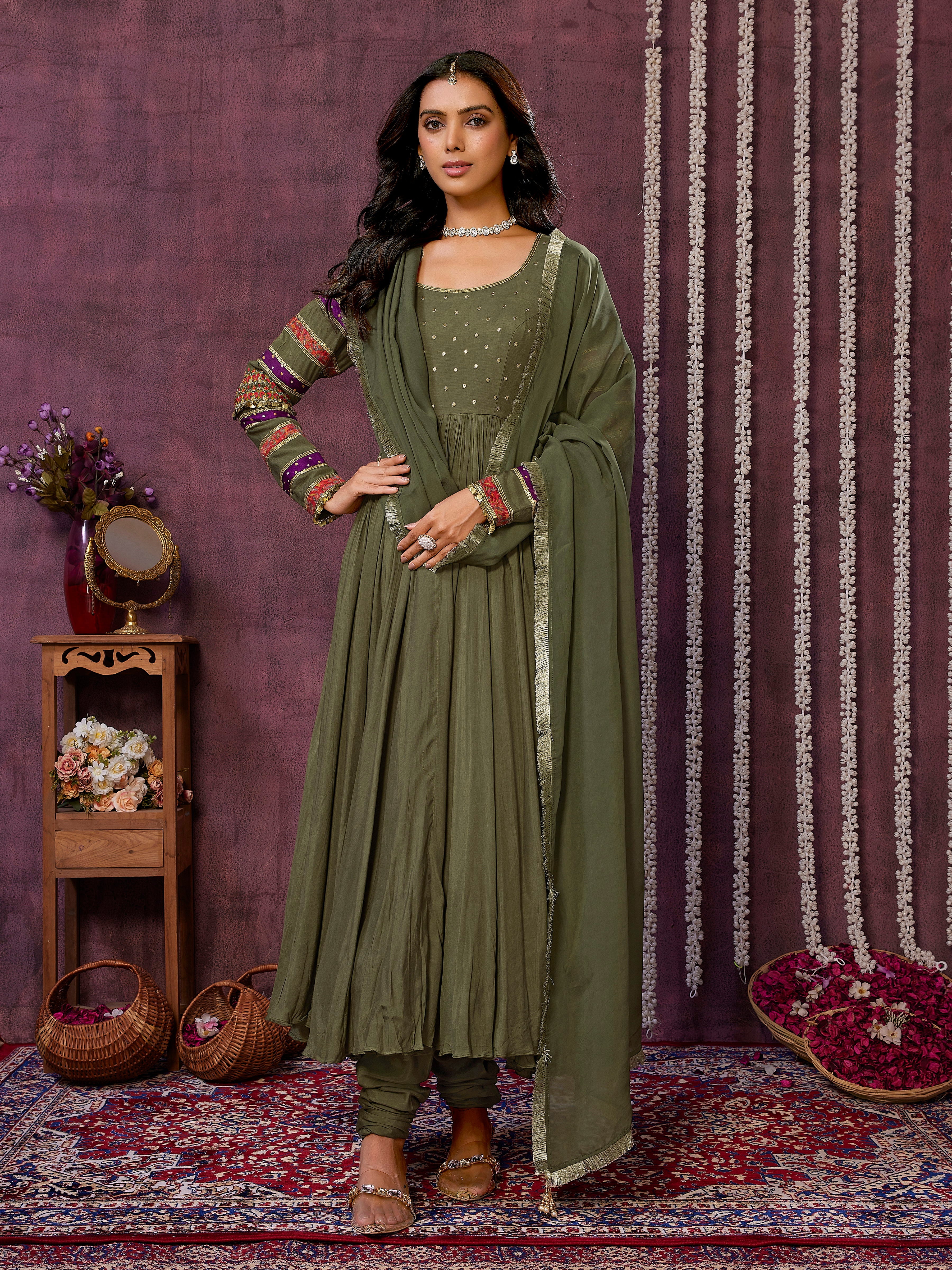 Olive Green Muslin Silk Flowy Dress with Trouser & Dupatta