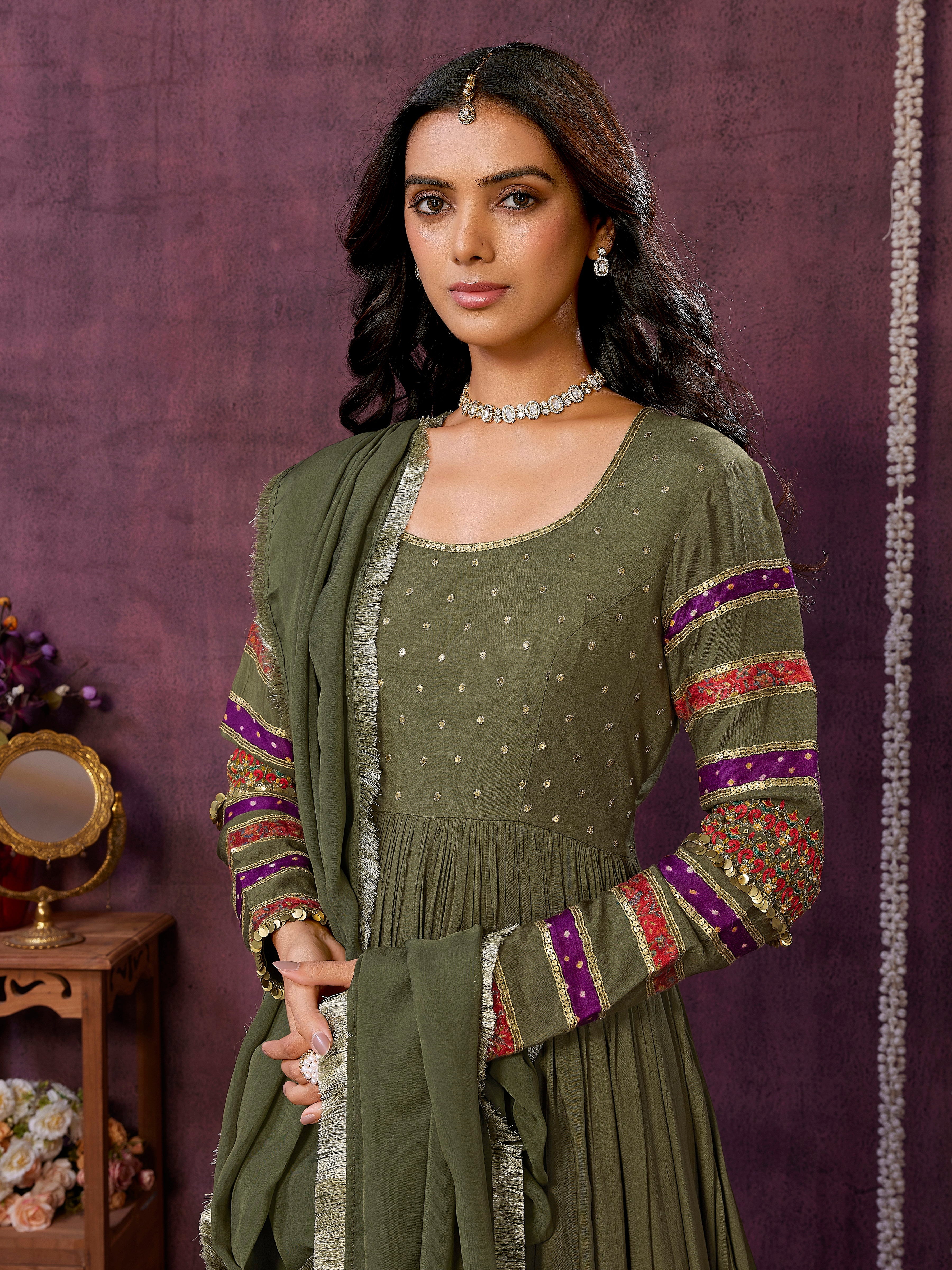 Olive Green Muslin Silk Flowy Dress with Trouser & Dupatta