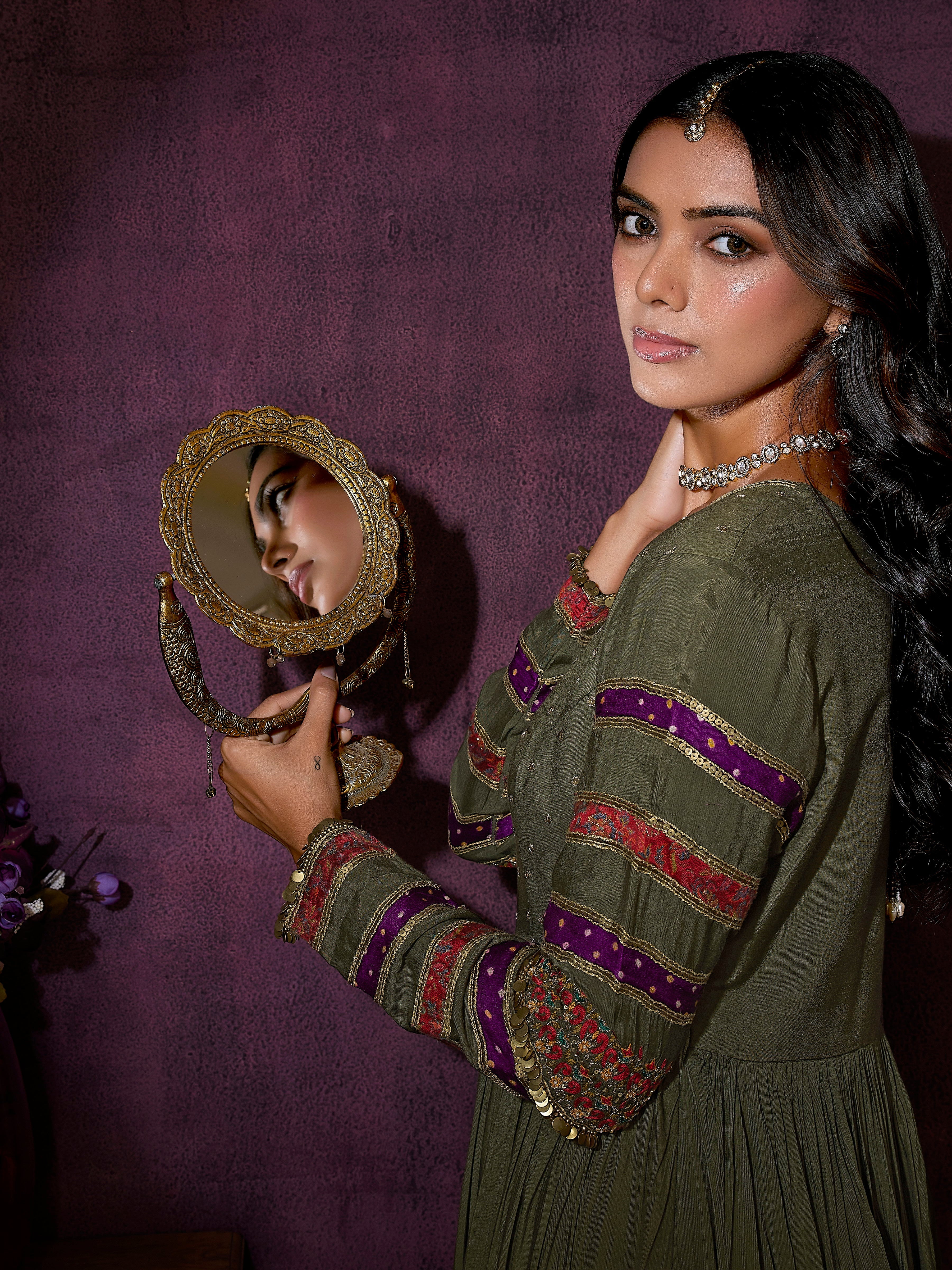Olive Green Muslin Silk Flowy Dress with Trouser & Dupatta