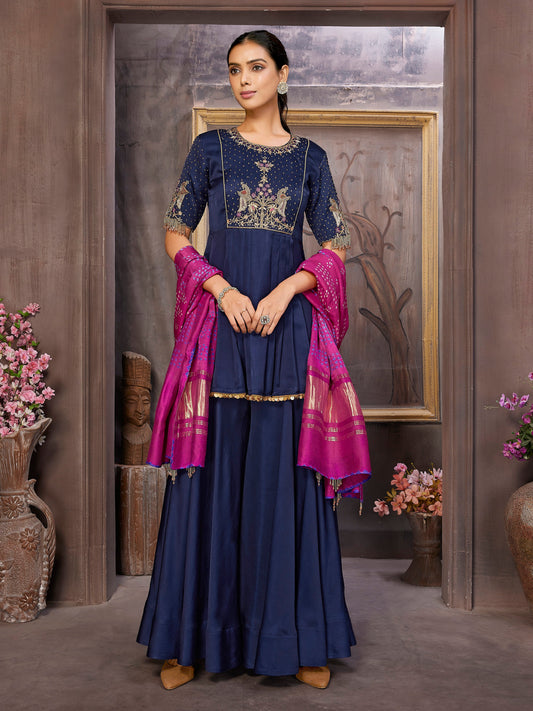 Handcrafted Satin Silk Kurta with Palazzo and Rani Pink Bandni Dupatta