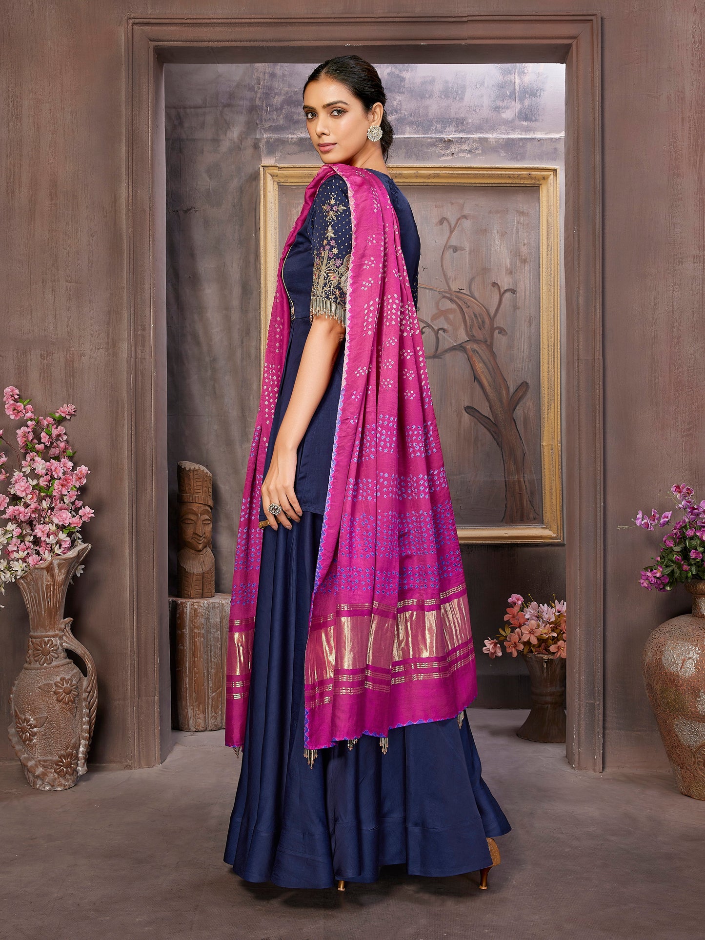 Handcrafted Satin Silk Kurta with Palazzo and Rani Pink Bandni Dupatta