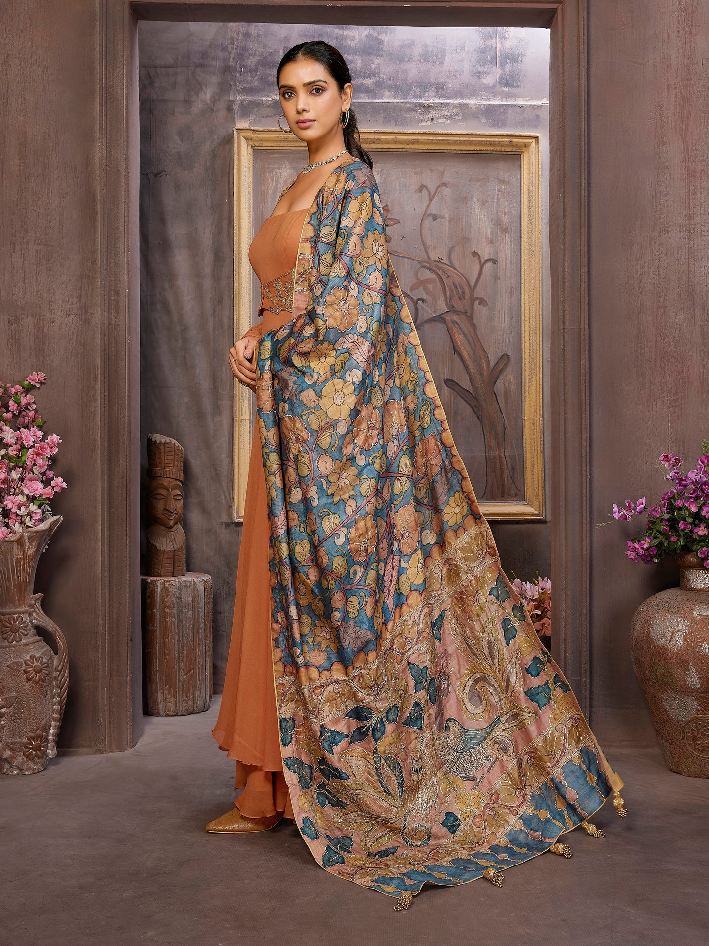 Rustic Orange Pure Georgette Gown with Flairy Palazzo and Klamkari Handwork Dupatta