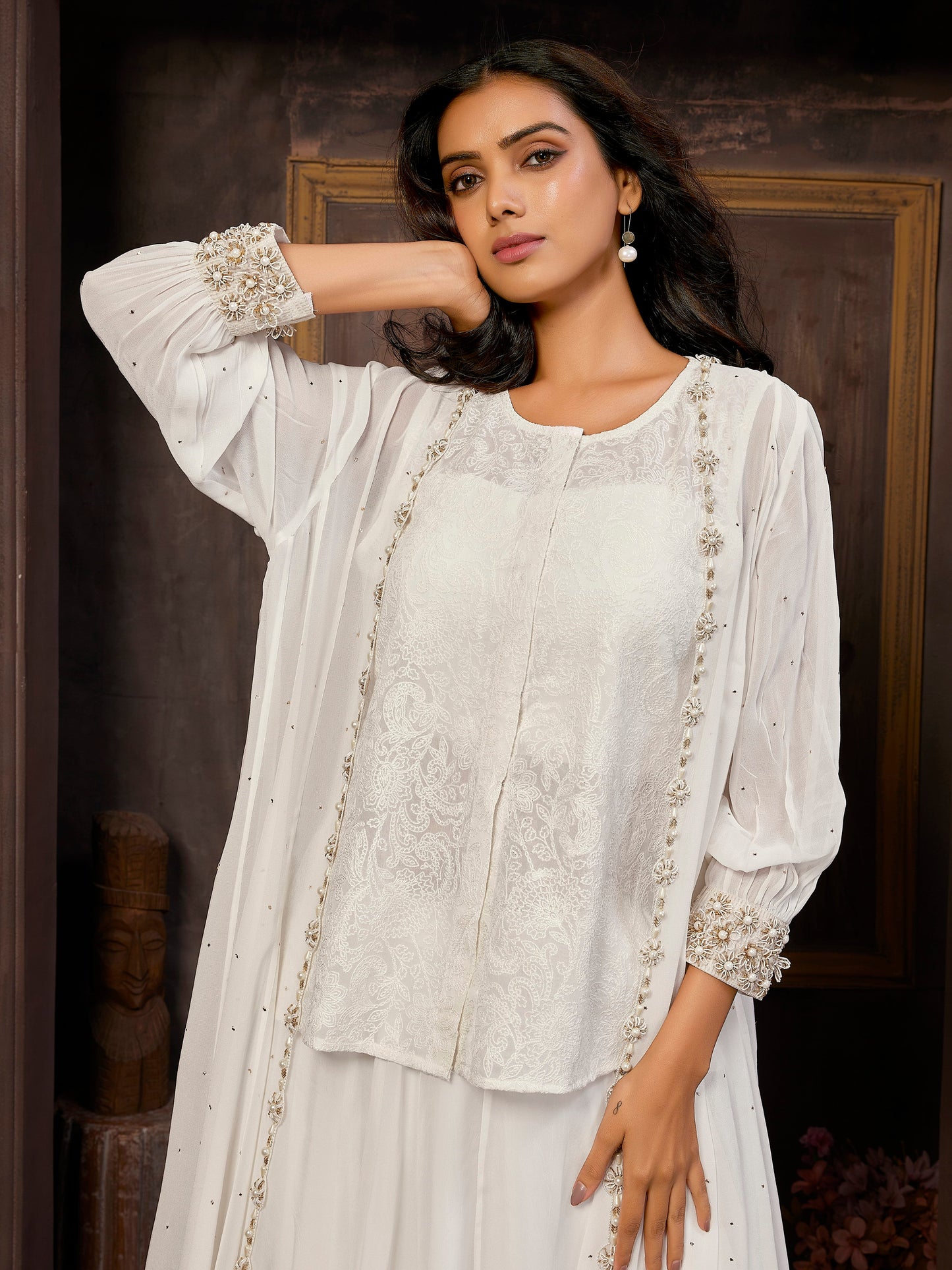 Elegant White 4-Piece Pure Georgette Indo-Western Dress