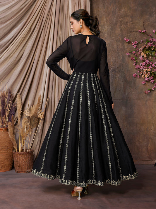 Black Flatro Silk & Lycra Net Indo Western Dress with Cut Work Border and Hand Embroidery
