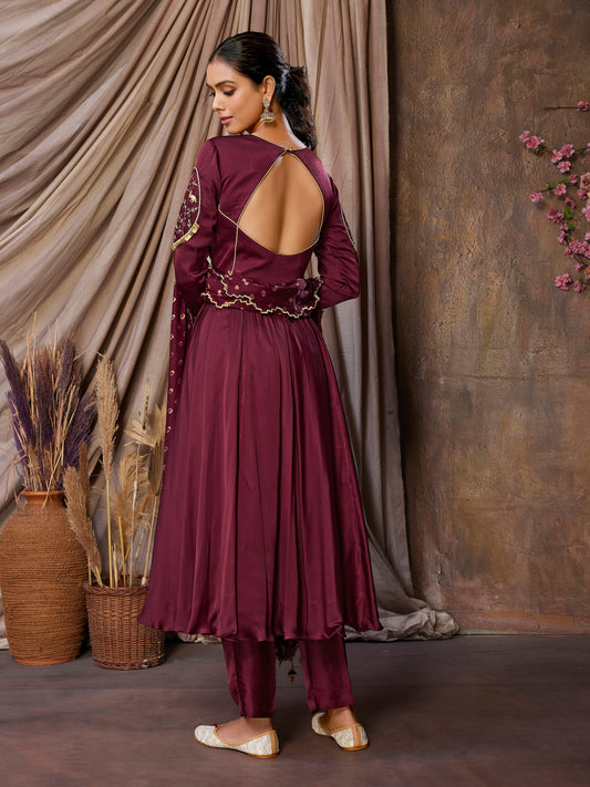 Handcrafted Maroon Anarkali Set with Cutwork Bandni Dupatta