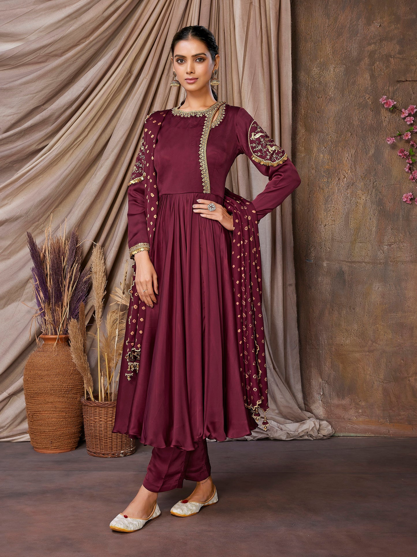 Handcrafted Maroon Anarkali Set with Cutwork Bandni Dupatta