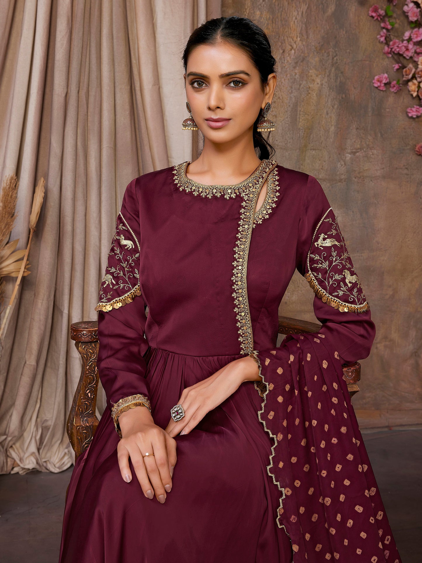 Handcrafted Maroon Anarkali Set with Cutwork Bandni Dupatta