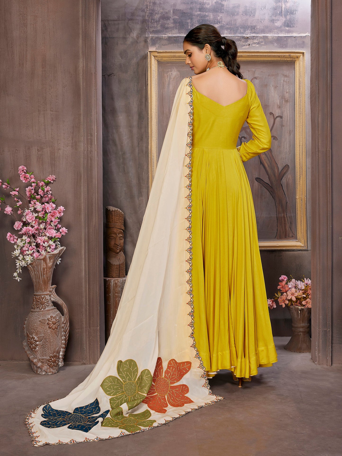 Yellow Anarkali Dress with Phool Ghera Organza Dupatta