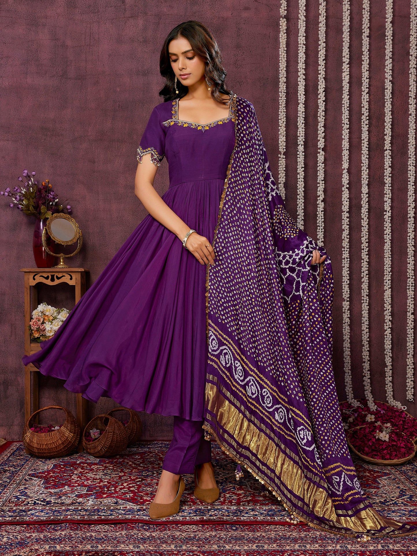 Purple Anarkali Set with Bandni Dupatta