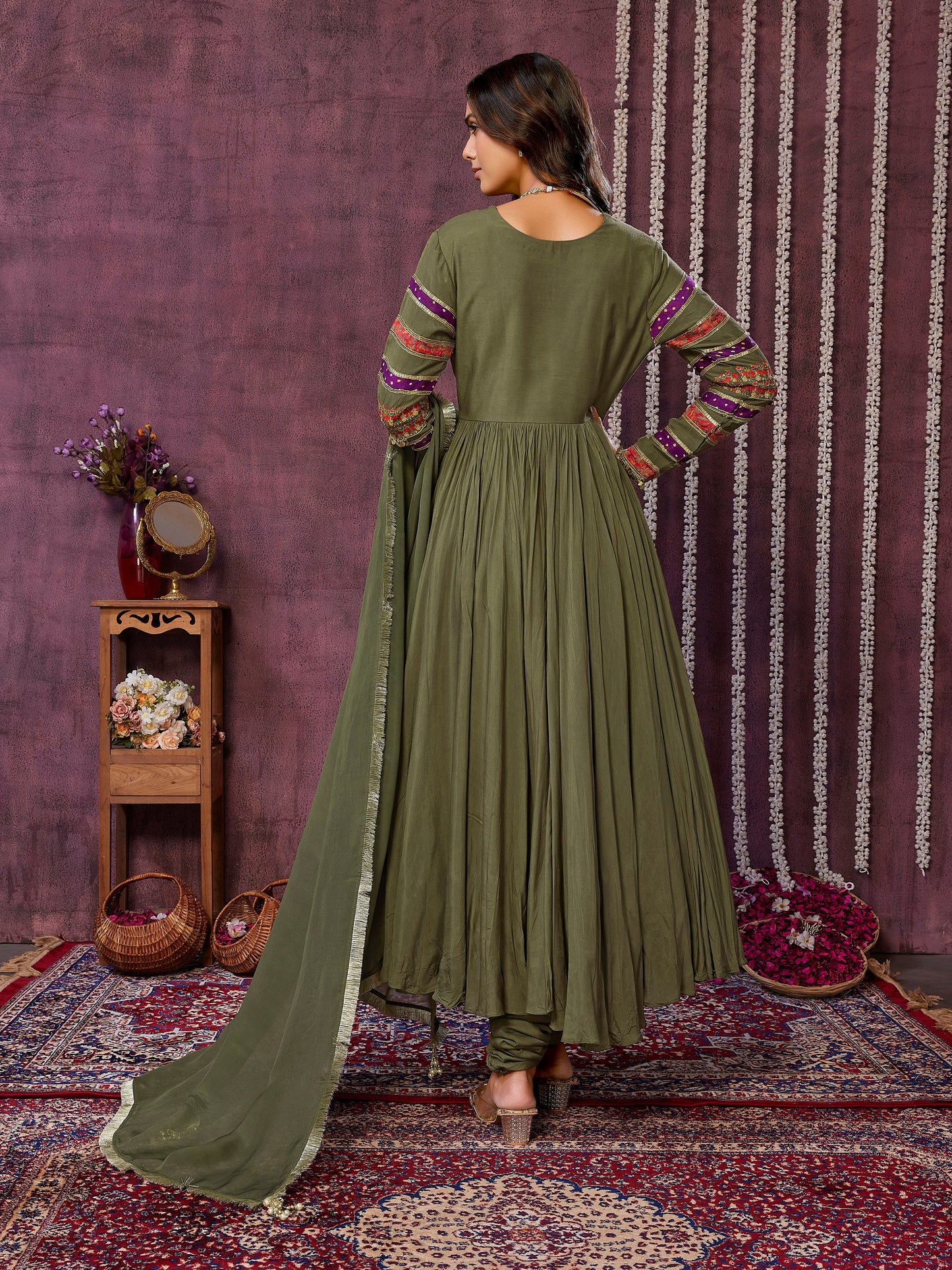 Olive Green Muslin Silk Flowy Dress with Trouser & Dupatta