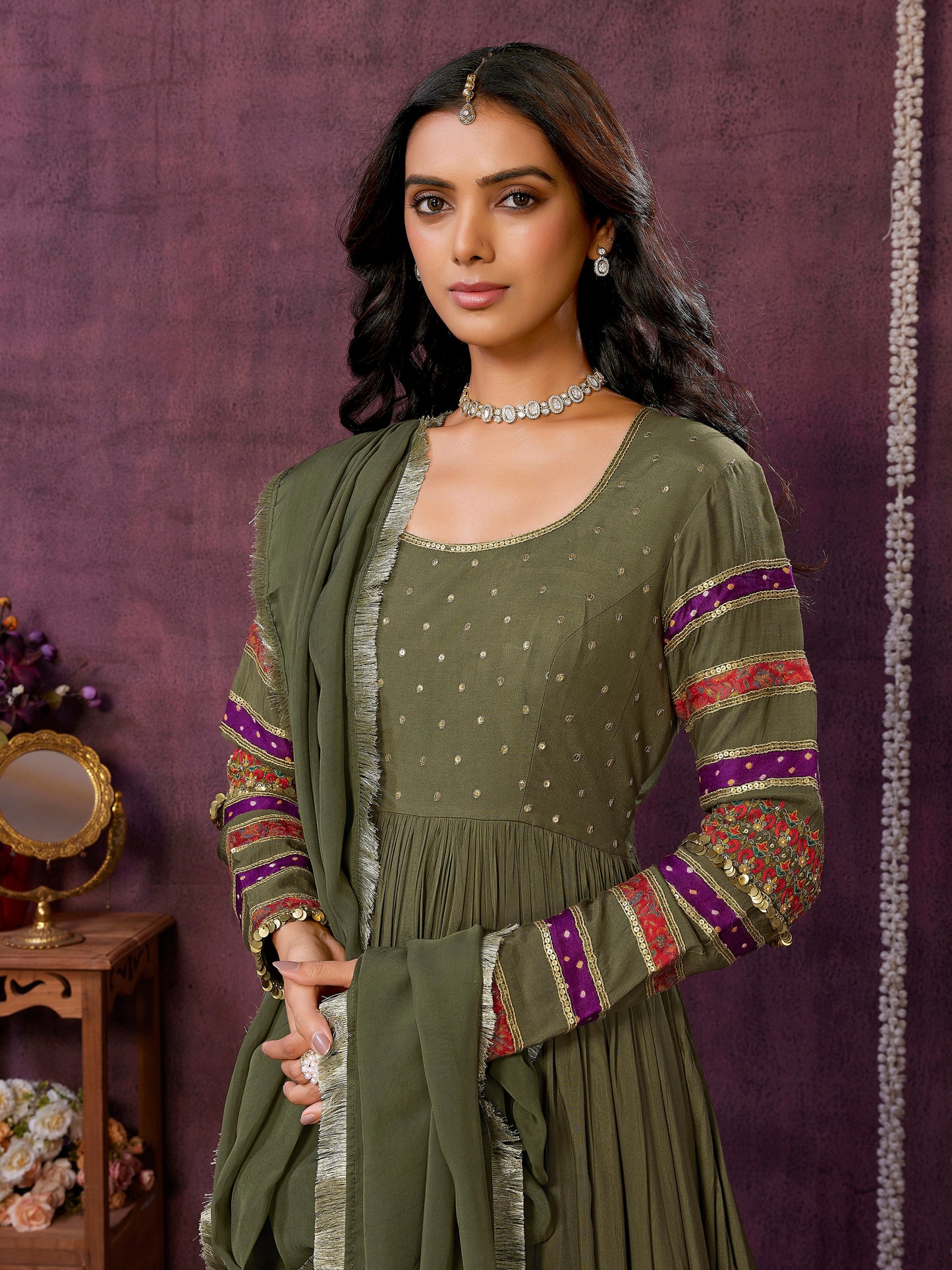 Olive Green Muslin Silk Flowy Dress with Trouser & Dupatta